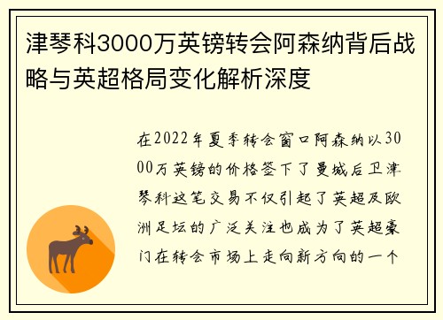 津琴科3000万英镑转会阿森纳背后战略与英超格局变化解析深度